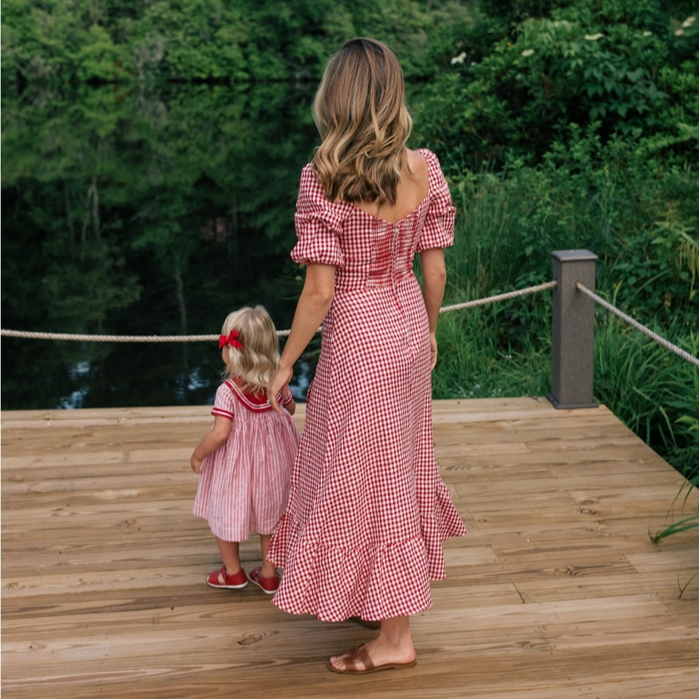 REFORMATION Red Gingham Check Puff Sleeve Cottagecore Linen Belgium Midi Dress - Picture 14 of 16